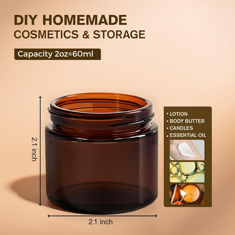 Amber Glass Jars - 2oz Round Airtight Cosmetic Containers | 40 Pack with Black Lids for Lotions & Powders