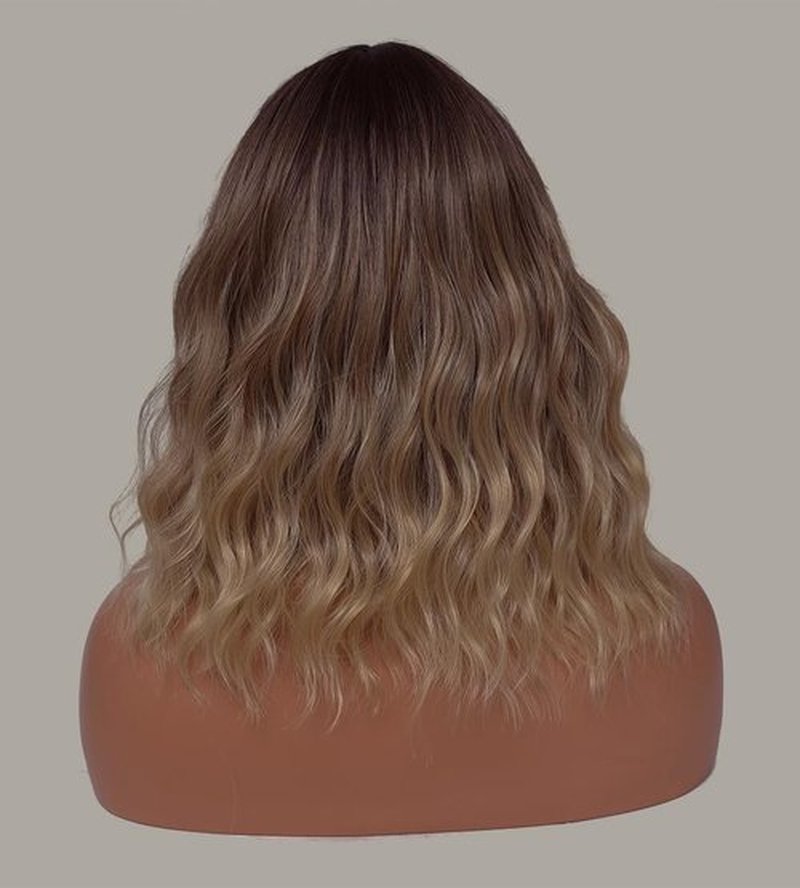Short Blonde Wigs with Bangs 14Inch Ombre Blonde Highlights Curly Bob Wig for Women Shoulder Length Natural Looking Hair Replacement Wig for Daily Party Use Cosplay Costume Halloween Wig