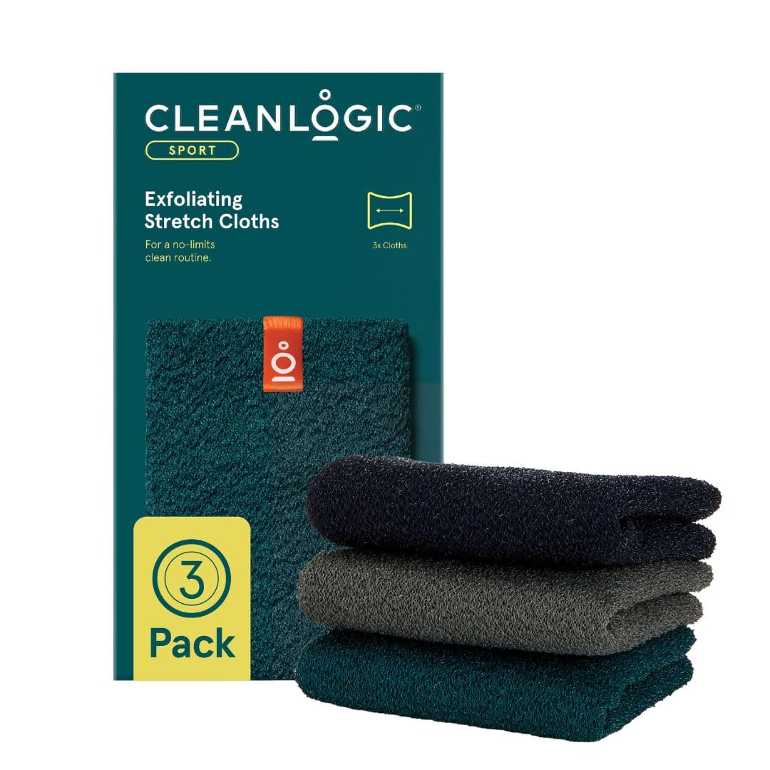 Cleanlogic Body Exfoliating Cloth, Stretchy Organic Sustainable Cotton Exfoliator Bath and Shower Washcloths, Reusable Daily Skincare Tool, 3 Count