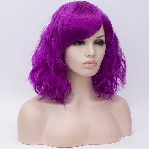 BUFASHION 14" Women Short Wavy Curly Wig Purple Bob Wig Cosplay Halloween Synthetic Wigs with Side Bang Wig (Purple)