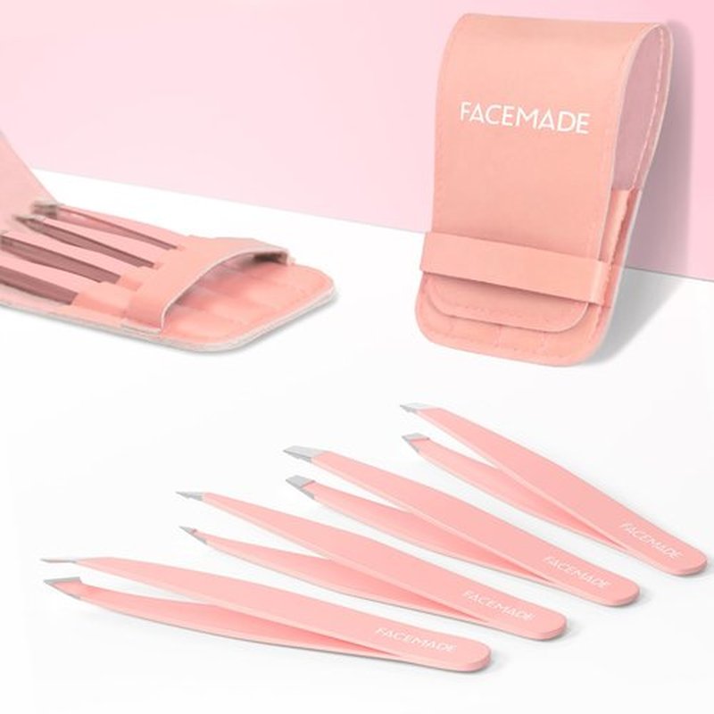 FACEMADE 4 Pack Tweezers Set - Professional Stainless Steel Tweezers for Men and Women, Precision Eyebrow Tweezers for Facial Hair, Chin, and Ingrown Hair Removal (Pink)