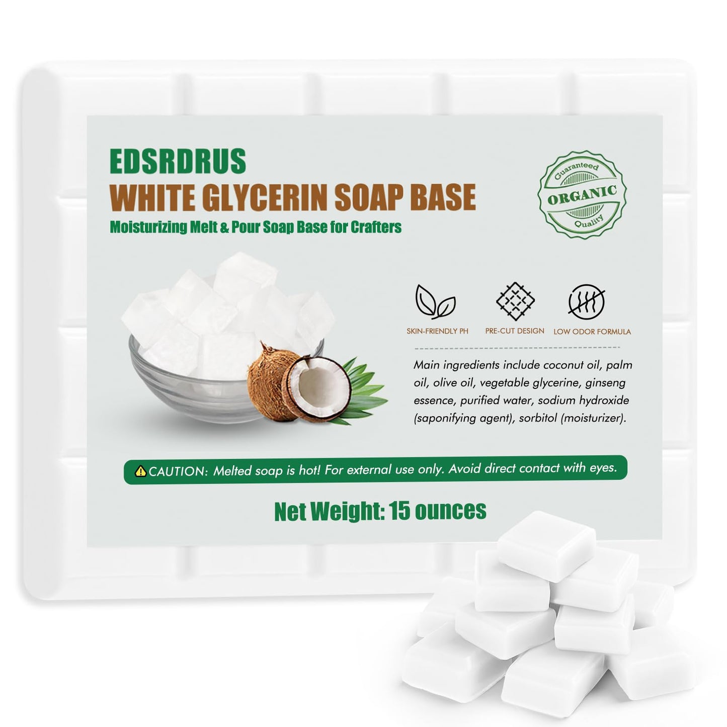 EDSRDRUS 15 Ounces Glycerin Soap Base - Unscented Melt and Pour Soap Base for DIY Crafting, Easy to Cut, Vegan and Natural, Moisturizing and Gentle on Skin, Perfect for Soap Making Supplies (White)