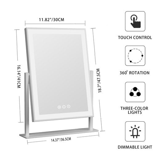 Acoolda 18.7"x 14.4"Lighted Makeup Mirror,Vanity Mirror with Lights,Three Color Lighting Modes, and 10X Magnification Mirror, Smart Touch Control, 360°Rotation White
