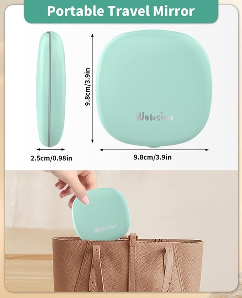 wobsion Lighted Makeup Mirror with Magnification,Rechargeable 1x/10x Travel Mirror,Portable Comapct Folding Mirror for Bag,Gift,Cyan