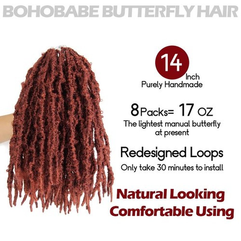 8 Packs Butterfly Locs Crochet Hair 14 Inch Light Weight Butterfly Faux Locs Crochet Hair Short Ginger Red Distressed Butterfly Locs, 350#
