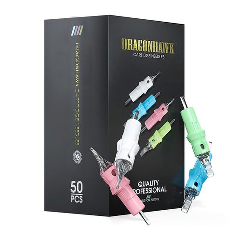 Dragonhawk Tattoo Needles Cartridges, 0801RL Round Liner, 50 Count Needles Kit, Membrane Transparent for Pro Aritsts