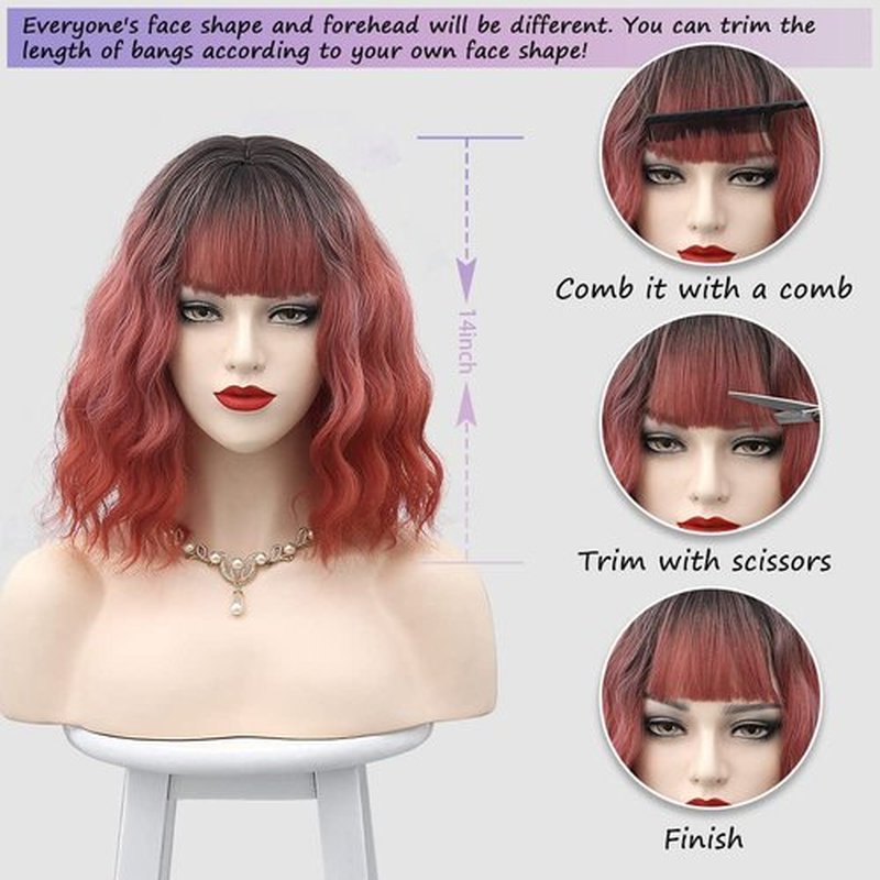 MUPUL Ombre Pink Wig Short Body Wavy Bob Wigs for Women With Bangs Shoulder Length Synthetic Cosplay Party Wig for Girls Daily Use Colorful Wigs