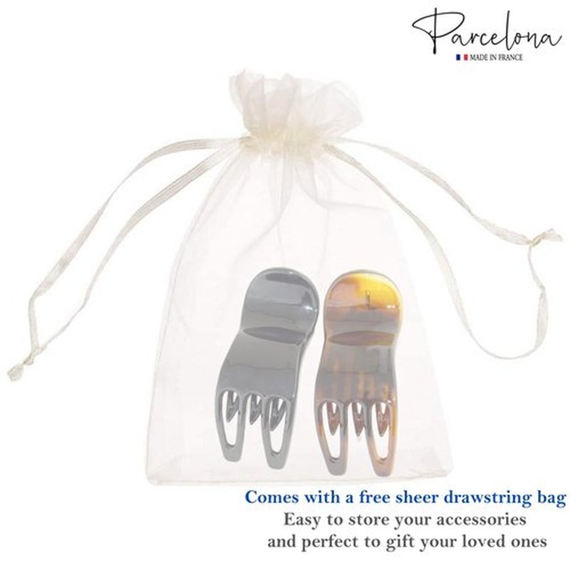 Parcelona French Simply Bear Cub Paw Set of 2 Tortoise Shell and Black Celluloid Medium Side Slide In Jaw Yoga Hair Claws Clips