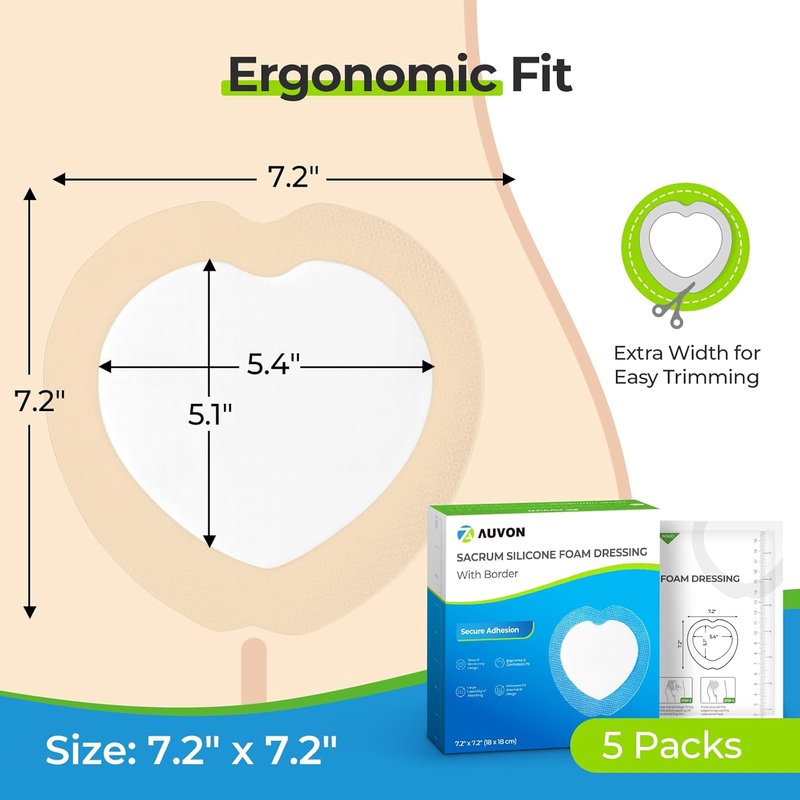 AUVON Sacral Silicone Foam Dressing - Waterproof & Breathable Wound Care | 7"x7", Box of 5 Pads
