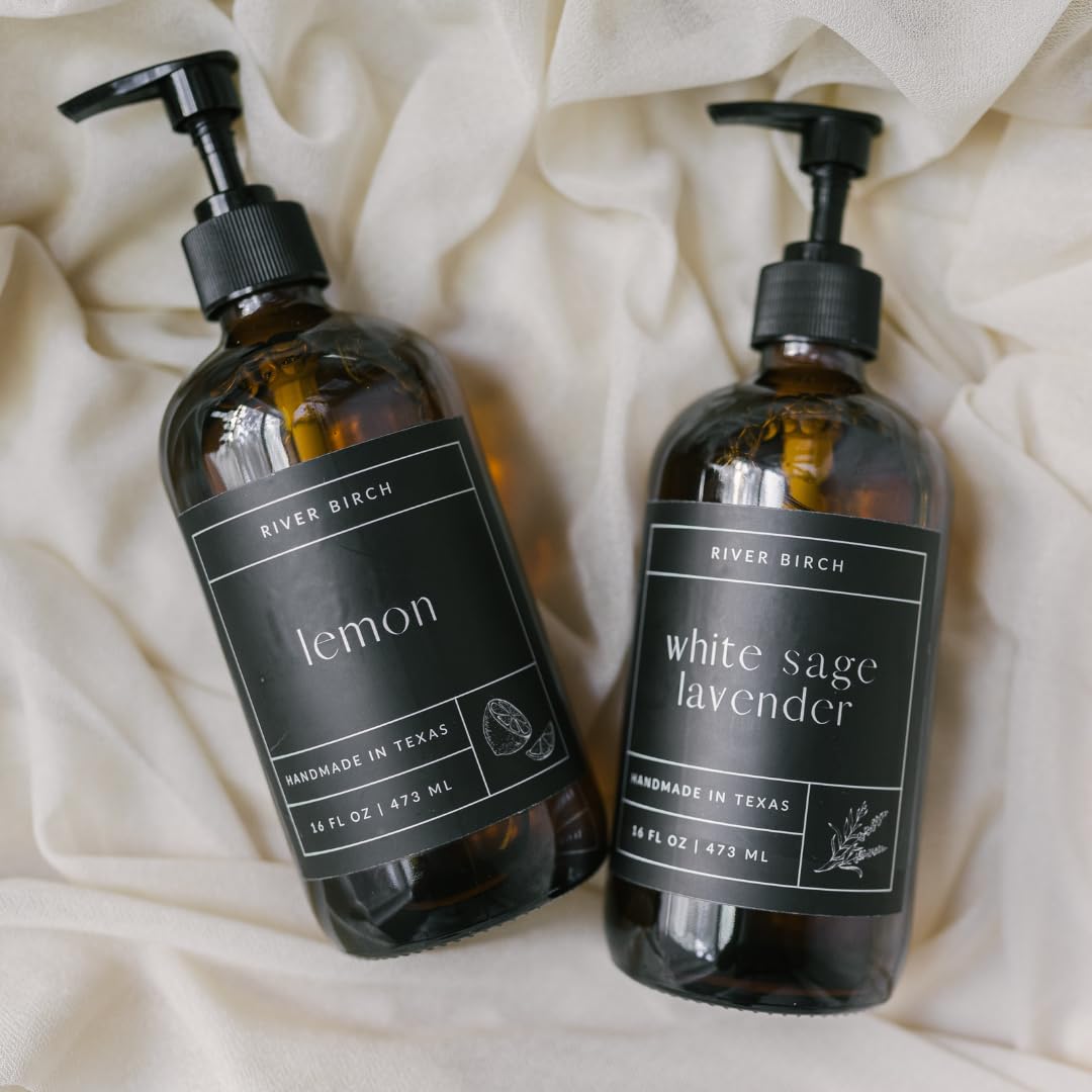 River Birch Lavender + Apricot Scented Natural Hand Soap - Handmade Soap - Moisturizing Hand Wash with Amber Glass Dispenser - Luxury Scented Hydrating Hand Soap - Vegan and Non-Toxic - 16 Fl Oz