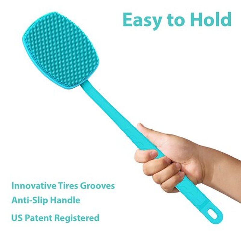 iTokGoK® All New Premium Silicone Back Scrubber with Tire Anti-Slip Long Handle for Shower, Gentle Exfoliating and Massage Brush Scrubber for Sensitive Skin for Men and Women (Mint Green)