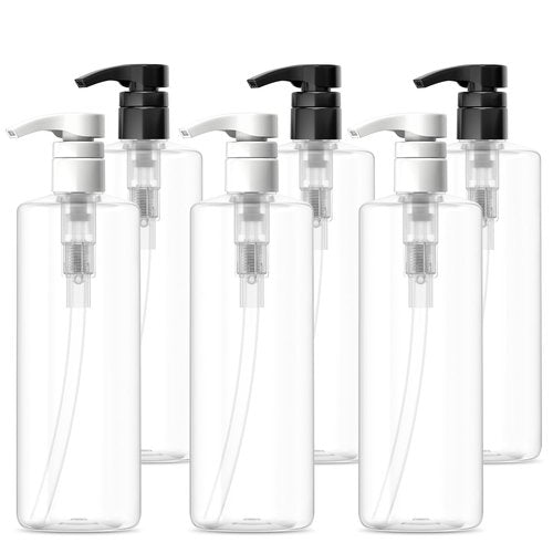 Bar5F 6-Pack Plastic Lotion Bottles with Black & White Pumps, 16.9 oz | Leak Proof, Empty Clear Cylinder, Refillable, BPA Free for Shampoo, Moisturizer, Face Cream, Liquid Hand Soap | Set of Bulk