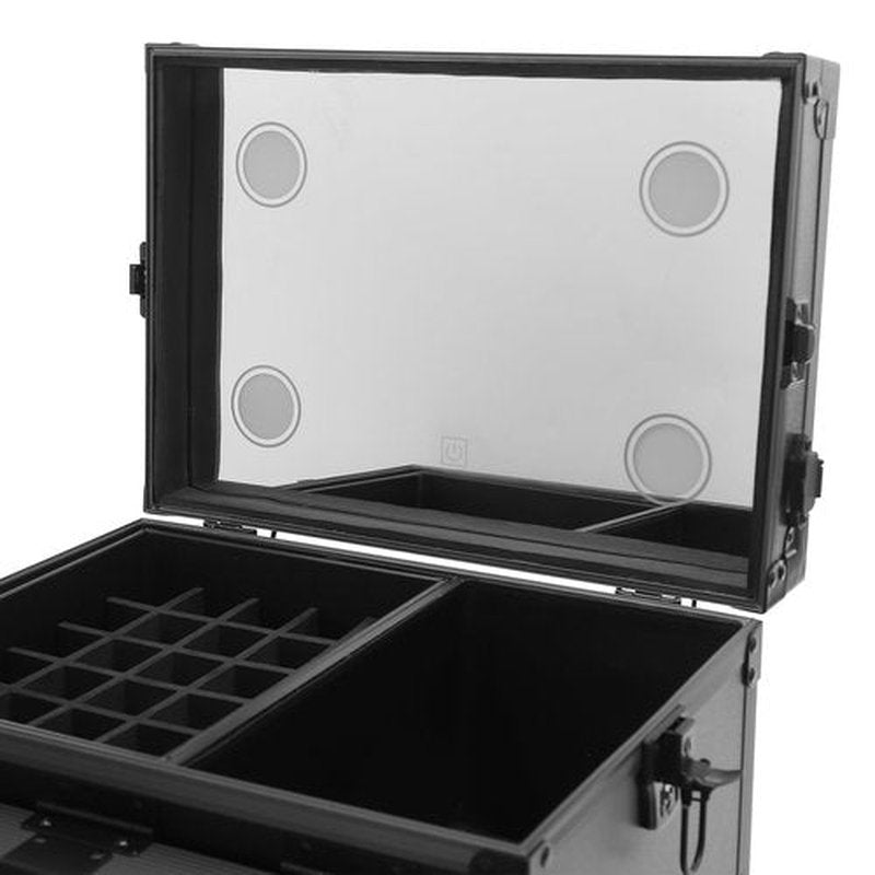 Makeup Train Case With 4 Universal Wheels,Portablel Makeup Suitcase With Drawers,Unfold Table And Makeup Mirror,Rolling Cosmetic Storage Organizer For Makeup Artist,Hairstylist,Etc (Black,Silver)