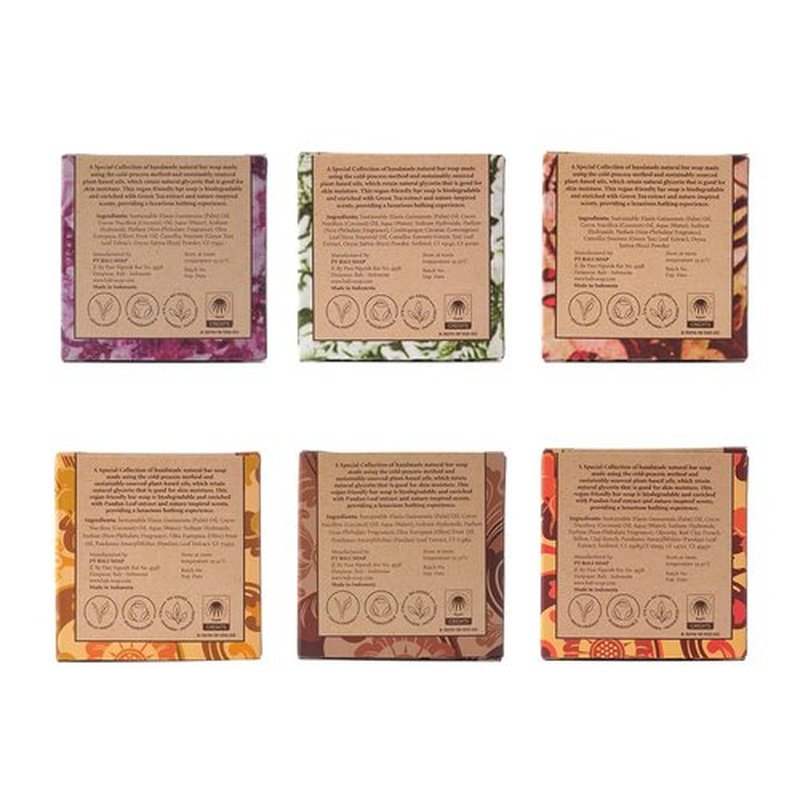 Bali Soap - Batik Gift Set - Handmade Moisturizing Natural Soap Bar for Face & Body, Vegan Handmade Plant Based, 3.5 Oz each Mix 6 Pack (Jasmine/Lemongrass/Ginger/Magnolia/Papaya/Sandaldwood)