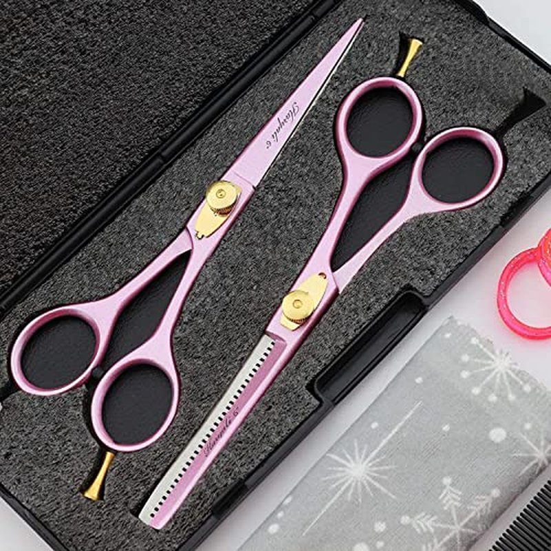 Haryali London Hairdressing Scissors Set - 6 Inches Pink Professional Hair Cutting Scissors Set - 2 Thinning Shears with Adjustable Screw - Hairdressing Comb