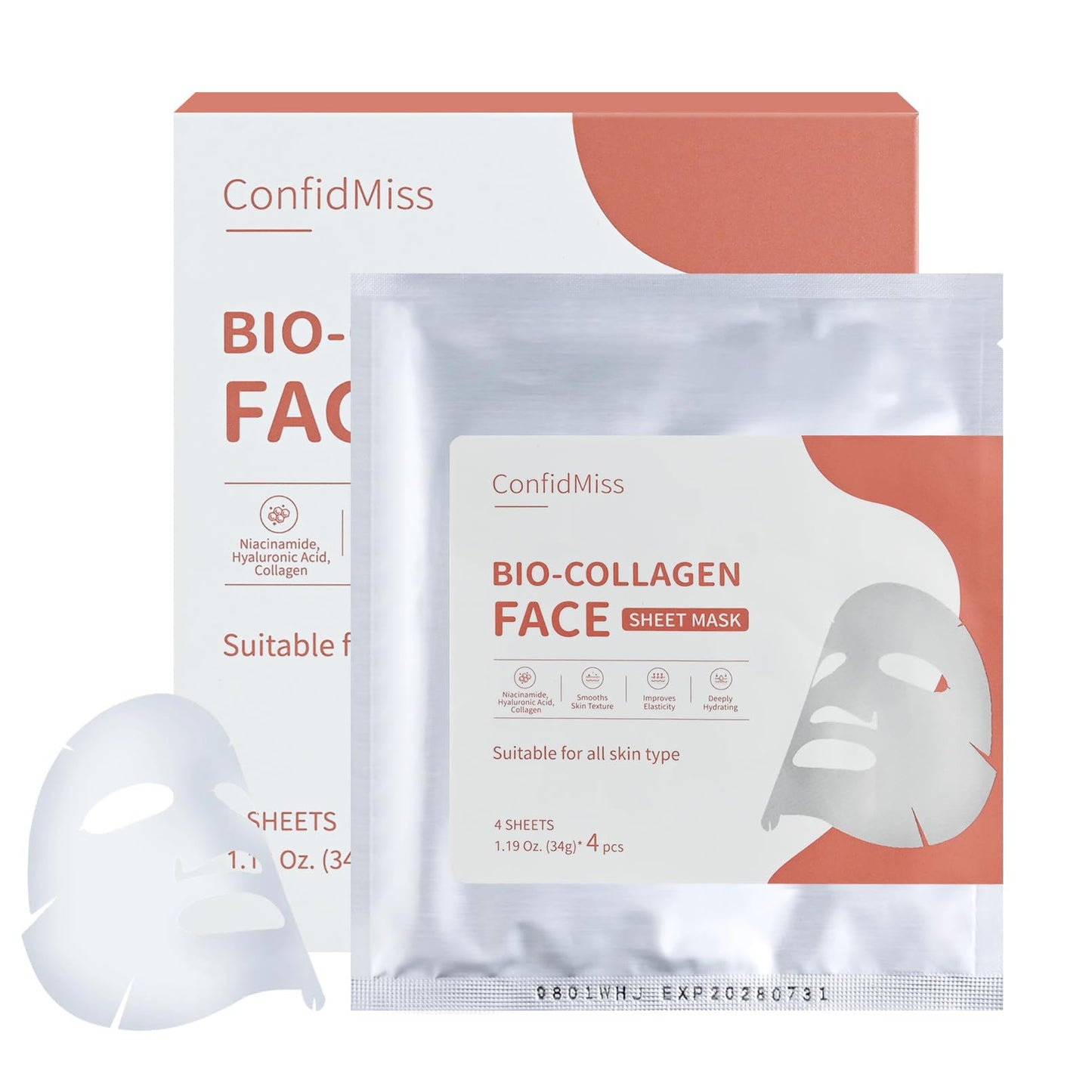 ConfidMiss Bio-Collagen Real Deep Face Mask,with Niacinamide Hyaluronic Acid Collagen Deeply Hydrating Brightening Anti-Aging Elasticity Improvement Overnight Facial Mask For Glass Glow Skin 4 Sheets