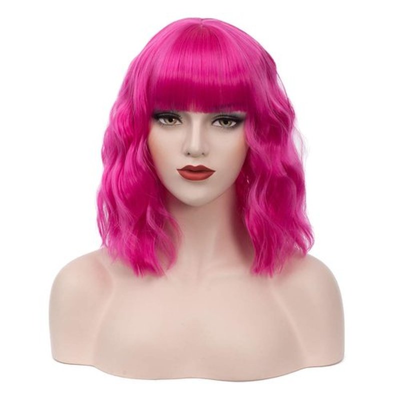 BUFASHION 14" Women Short Wavy Curly Wig Dark Pink Bob Wig Cosplay Halloween Synthetic Wigs With Neat Bang Wig With Free Wig Cap (Dark Pink 1)