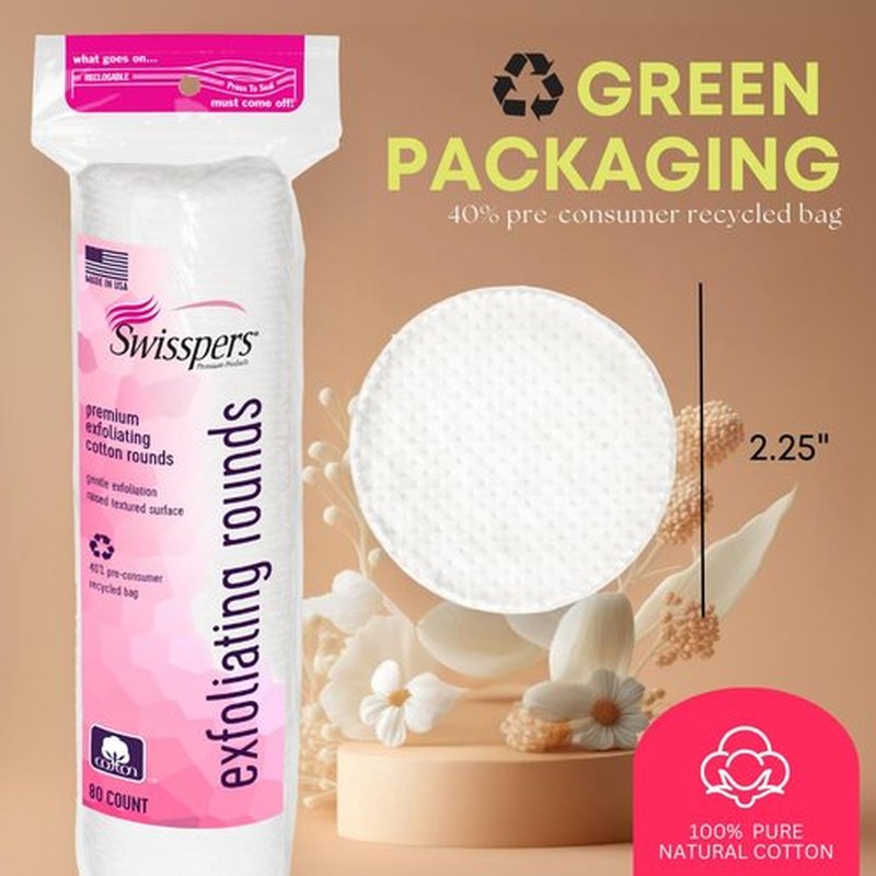 Swisspers Premium Exfoliating Cotton Rounds – 80 Count (Pack of 3) – 100% Pure Cotton, Dual-Sided Surface Pads for Gentle Exfoliation, Optimal Cleansing and Makeup Removal