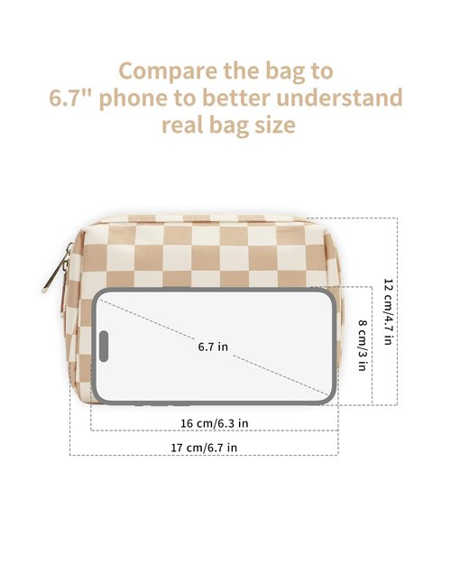 Narwey Small Checkered Makeup Bag for Purse Travel Makeup Pouch Mini Cosmetic Bag for Women (Light Checkerboard, Small)