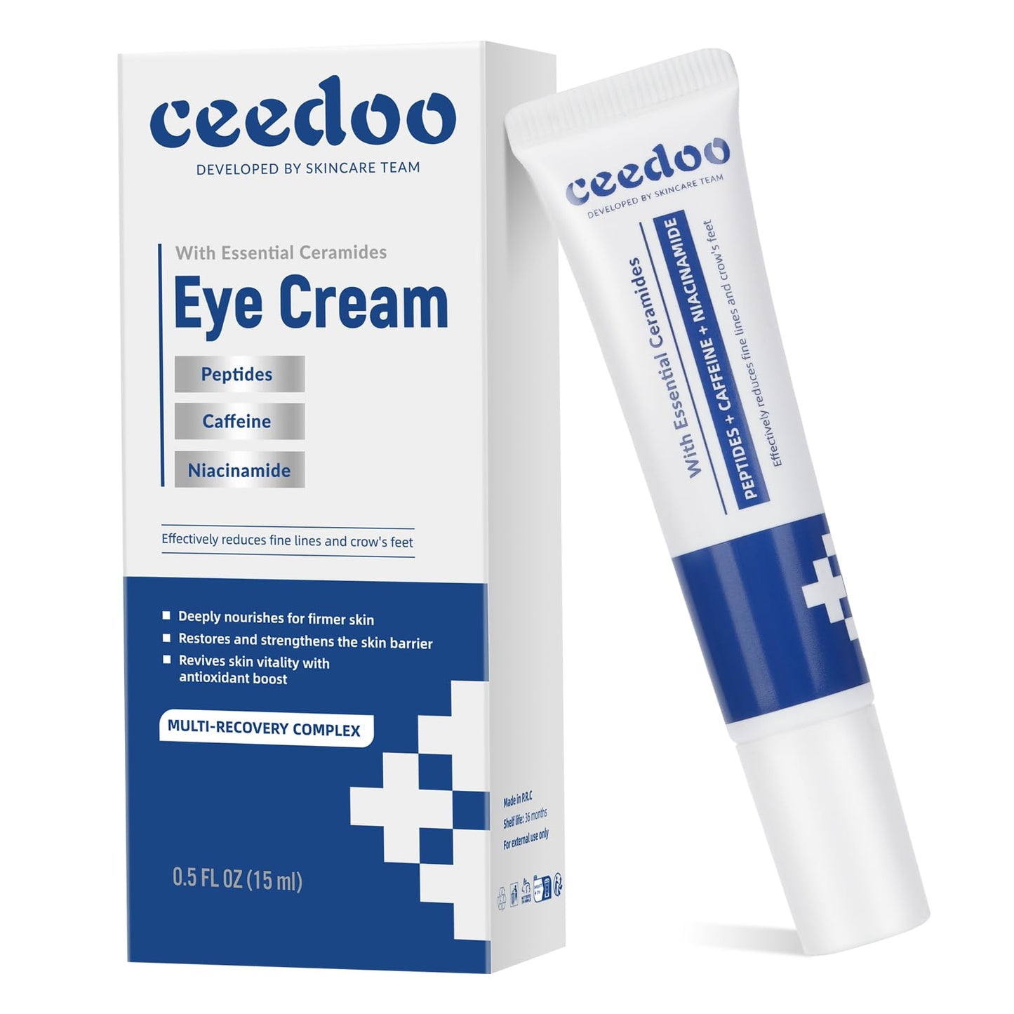 ceedoo Anti-Aging Eye Cream for Wrinkles, Fine Lines and Crows Feet - Peptides, Caffeine, Niacinamide and Ceramides - Firms Skin, Strengthens Barrier - 0.5 fl oz, Men and Women