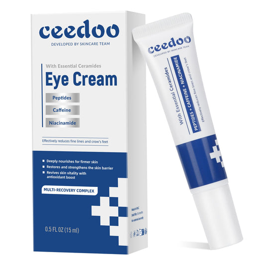 ceedoo Anti-Aging Eye Cream for Wrinkles, Fine Lines and Crows Feet - Peptides, Caffeine, Niacinamide and Ceramides - Firms Skin, Strengthens Barrier - 0.5 fl oz, Men and Women