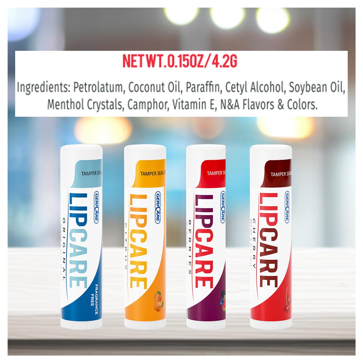 GeriCare Lip Balms – Hydrating and Nourishing Lip Moisturizers for Dry, Cracked Lips – Long-Lasting, Travel-Friendly Lip Care, Set of 4 (Original, Citrus, Berries, and Cherry) 4.2 g Each