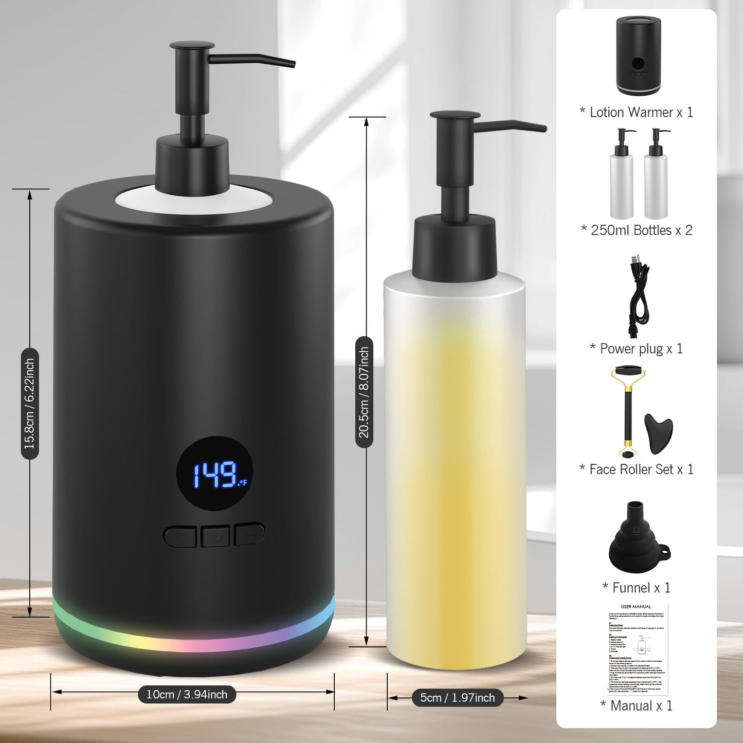 Lotion Warmer, Yofuly Portable Oil Warmer for Massage, Heated Lotion Dispenser Device with Gua Sha Roller Kit, Electric Massage Oil Digital Heater for Home and Salon Use, Black