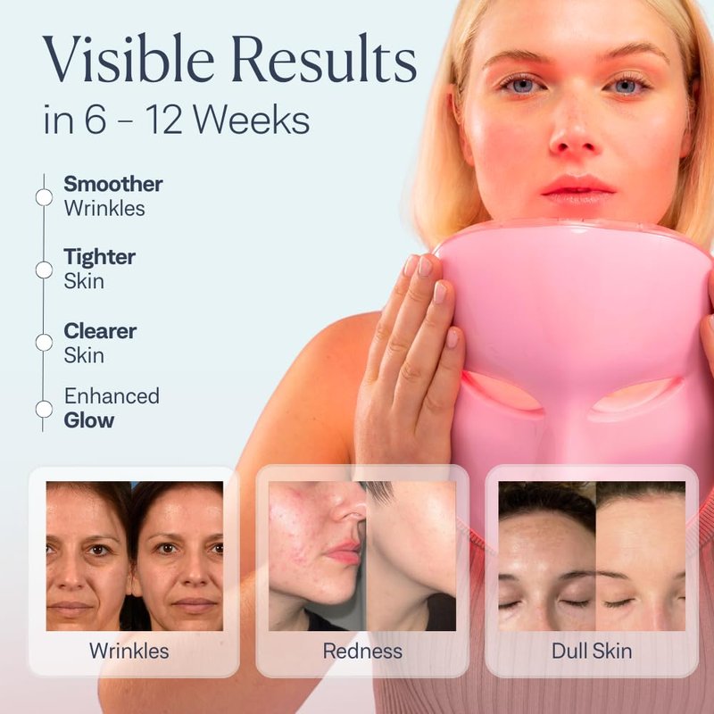 LED Face Mask Light Therapy Spa Kit - 4 Pcs with Ultrasonic Scrubber, Sonic Brush & Green Tea Serum | 7 Color Options (Light Pink)