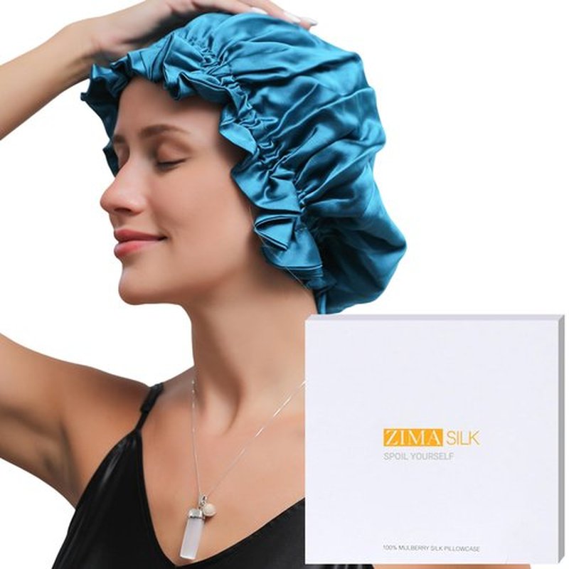 ZIMASILK 100% Mulberry Silk Bonnet for Women Hair Care, Double-Layer Silk, Natural Silk Hair Wrap for Sleeping with Elastic Stay On Head (1Pc, BPeacock Blue)