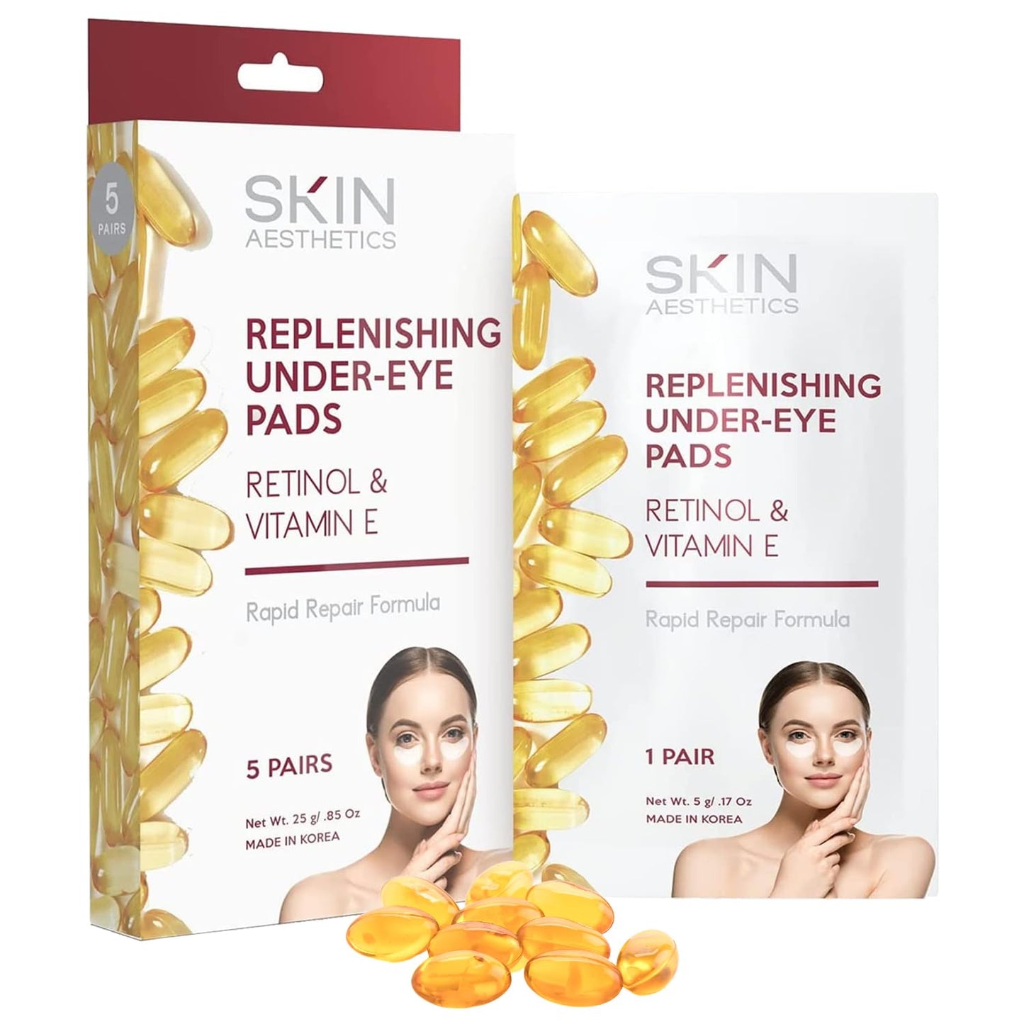 Skin Aesthetics Retinol & Vitamin E Under Eye Patches - Reduces Wrinkles, Fine Lines & Eye Bags, Repairs Skin - Dermatologist Tested Korean Skincare - Clean Beauty, Cruelty-Free - 5 Pairs