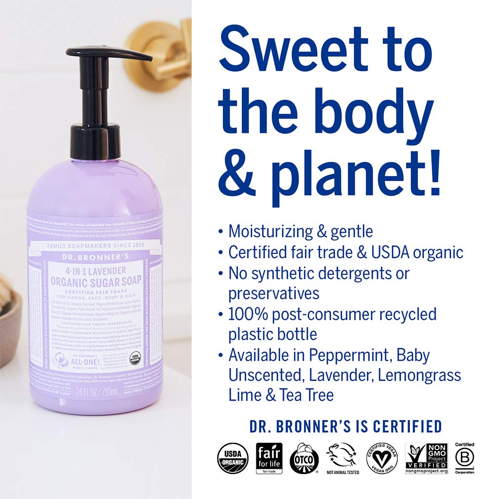 Dr. Bronner's Organic Sugar Soap (Baby Unscented, 24 Ounce) - Made with Regenerative Certified Organic Oils, Sugar & Shikakai Powder, 4-in-1 Use: Hands, Body, Face and Hair- Liquid Soap, Nourishes