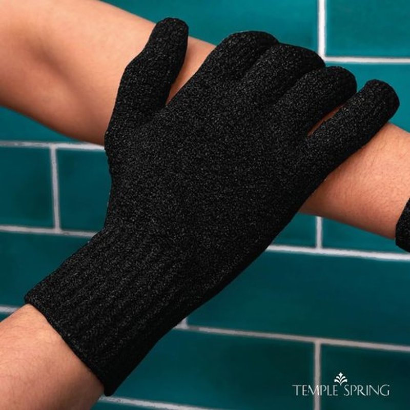 Temple Spring Exfoliating Gloves - Rayon Bamboo Bath/Shower Gloves, Bath Gloves for Shower Exfoliating and Ingrown Hair/Dead Skin Remover - Exfoliator Mitt Scrub Gloves - XL BLACK