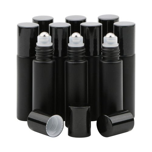 Kesell Glass Roller on Bottle, 10ml Refillable Essential Oil Bottle with Stianless Steel Ball, Pack of 10 (Black)