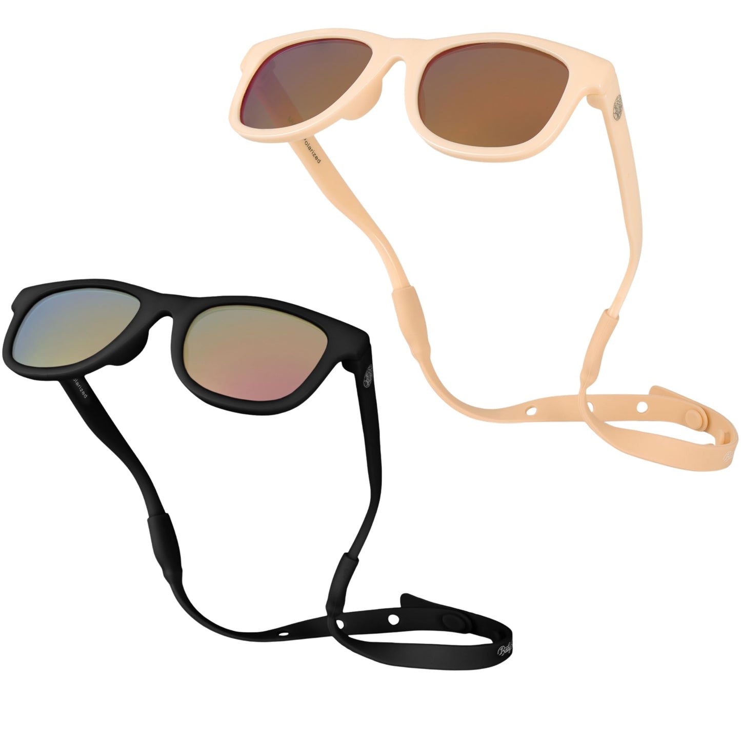 BABY SUNNIES Polarized Baby Sunglasses with Strap - 2 Pairs, Peach & Black - Unbreakable Flexible Infant Sunglasses - Toddlers & Newborns 0-24 Months - Baby Beach Essentials - Infant Travel Essentials