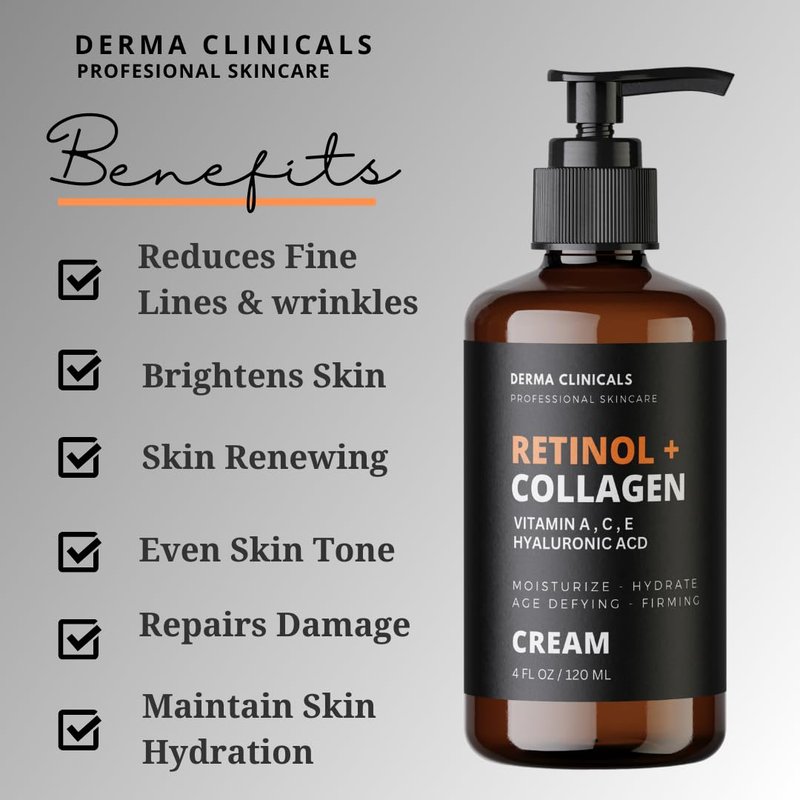 Retinol + Collagen Anti-Aging Face Cream | Hyaluronic Acid & Vitamin C Moisturizer - 4oz