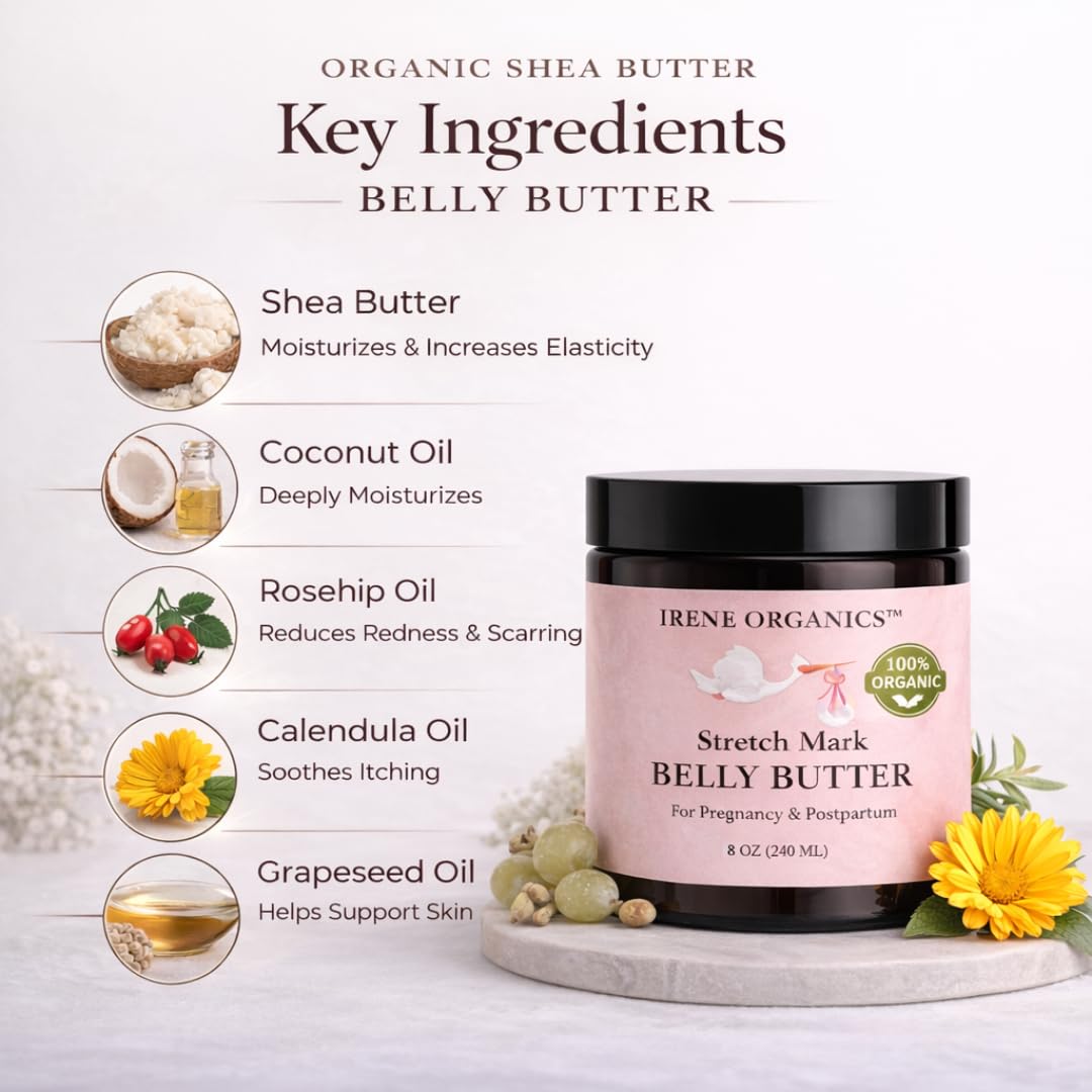 Irene Organics Organic Belly Butter for Pregnancy Stretch Mark Prevention and Treatment Award Winning Anti Stretch Mark Tummy Balm For Pregnancy and Postpartum 8oz - Hydrating Bump Cream