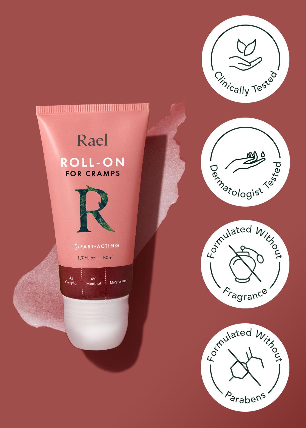 Rael Pain Relief Cream Roll-On – Fast-Absorbing Formula with Camphor, Menthol, and Magnesium, Essential for Women (1.7 fl oz, 50 ml)