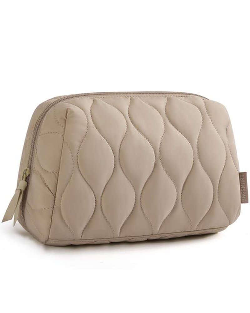 BAGSMART Makeup Bag, Travel Cosmetic Bag, Puffy Padded Make Up Bag for Women, Makeup Organizer Case, Wide-open Pouch Purse, Travel Essentials, Toiletries Accessories Brushes, Camel(Khaki)