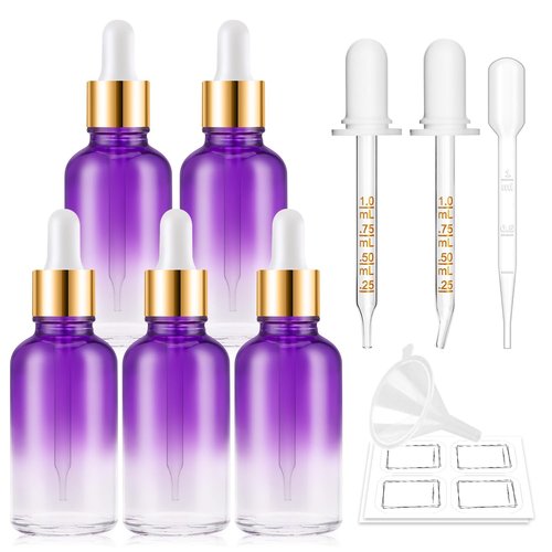 Dropper Bottle 5 Pack 1 oz, Purple Glass Eye Dropper Bottles with Golden Caps for Essential Oils with 2 Measured Dropper,1 Funnel, 1 Pipette, 8 Labels, Leakproof Essential Oils Bottle for Travel