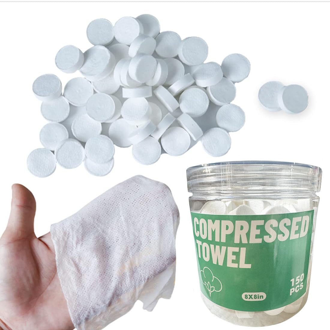 Compress Cotton Coin Tissue Towel, Compressed Towels for Camping, Disposable Face Compressed Towels, Camping Towels Compress Towel Tablet, Camping, Sports,150 PCS (8in×8in)