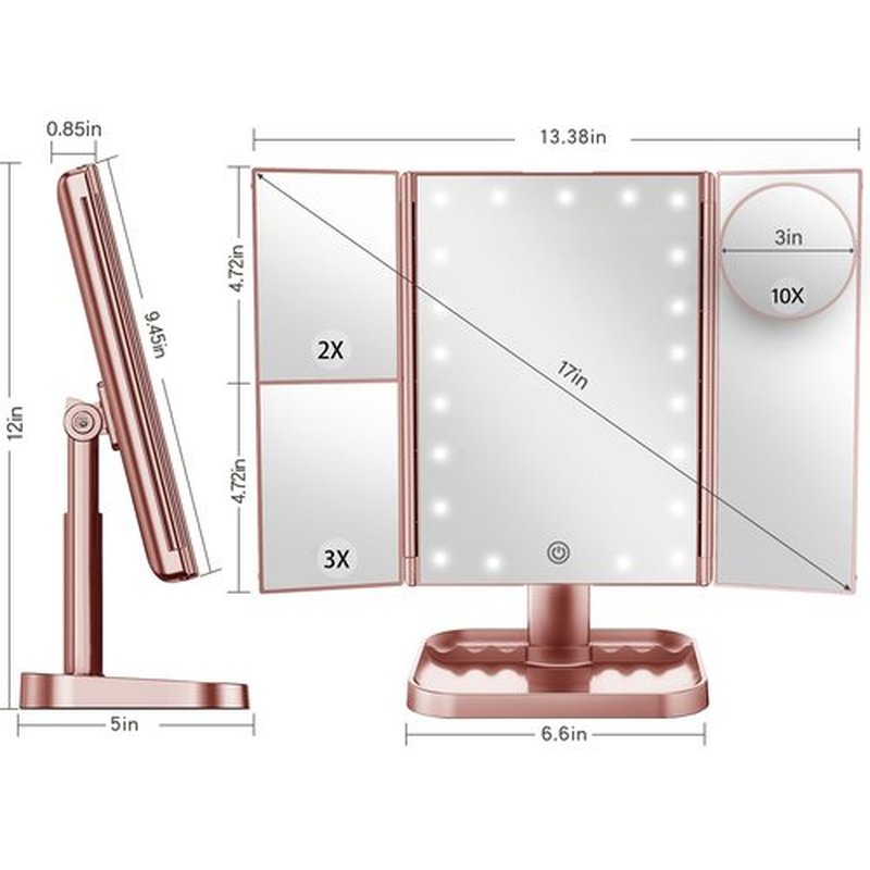 HUONUL Makeup Mirror, 10x3x2X Magnification, Lighted, Touch Control, Trifold, Dual Power Supply, Portable LED, Women Gift