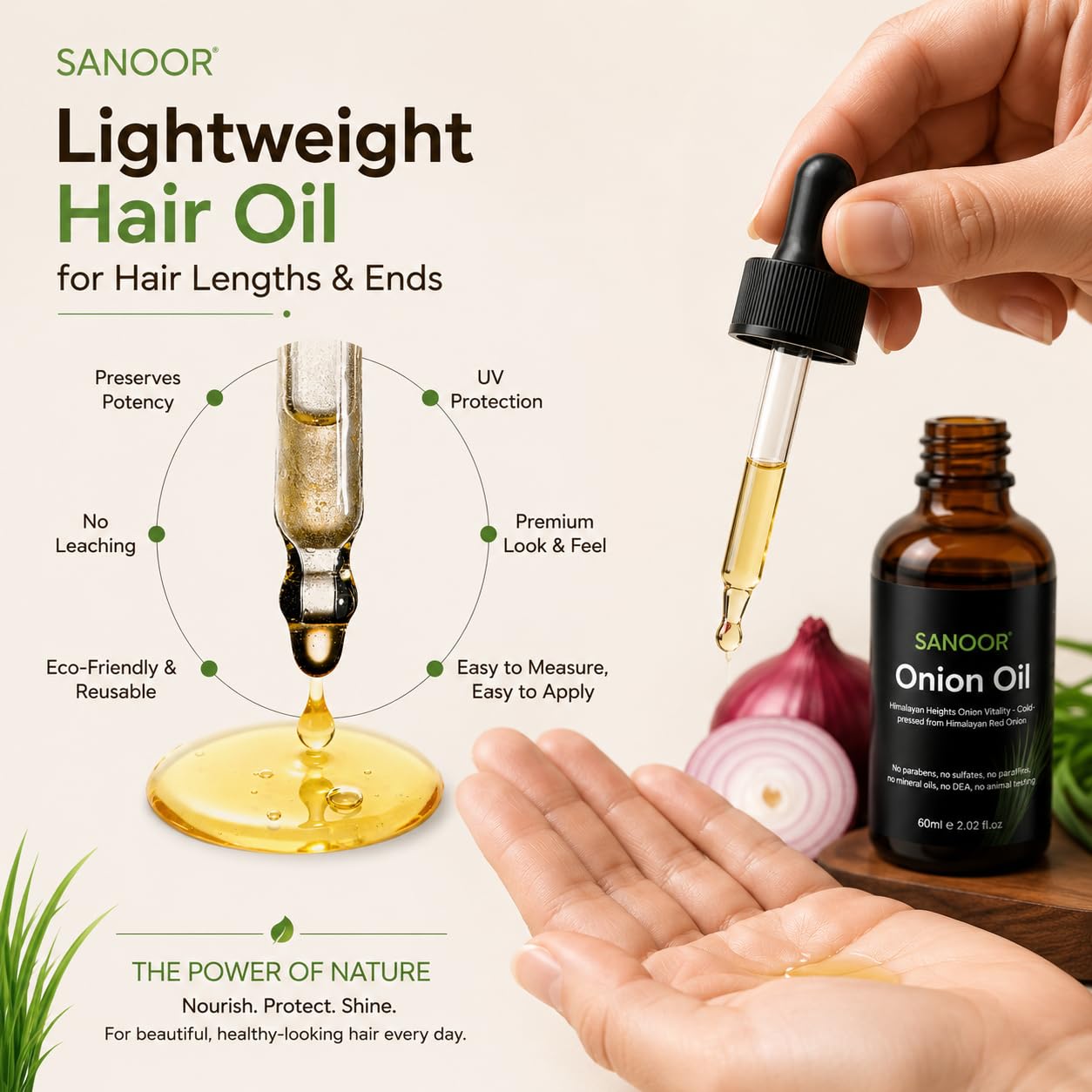 SANOOR Himalayan Red Onion Hair Oil | Lightweight Conditioning Oil for Hair & Scalp | Helps Smooth Frizz, Add Shine & Nourish Dry-Looking Hair | 60 ml