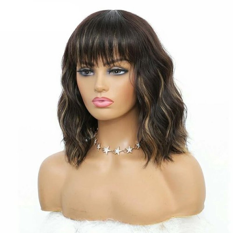 LYNLYSHAN Curly Bob Wig With Air Bangs Natural Wavy Short Bob Wigs Women's Shoulder Length Wigs Synthetic Cosplay for Girl Colorful Wigs(14",Blonde Mixed Black)