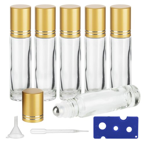 GIVITASOT 10ML Essential Oil Roller Bottles, 6 Pack Clear Oil Roller Bottles for Essential Oils, Roll on Bottles with Stainless Steel Balls(6 Labels, Opener, Funnel, Dropper Included)