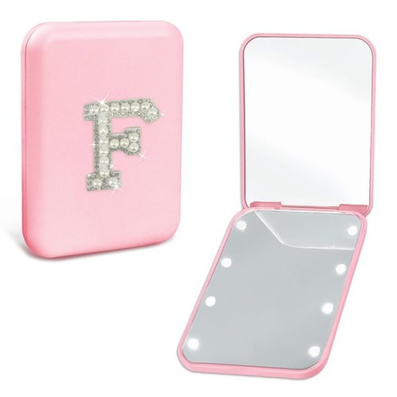 Aganmi Travel Essentials Mini Makeup Mirror with Lights Pearl Initial 1X/2X Magnification LED Compact Mirror for Purses, Preppy 2-Sided Pocket Mirror Personalized Gifts for Women Teen Girls (F)