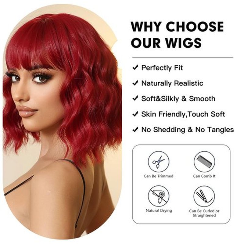 Allbell Red Wigs for Women Short Wavy Bob Wig with Bangs Heat Resistant Synthetic Hair Daily Cosplay Party Use