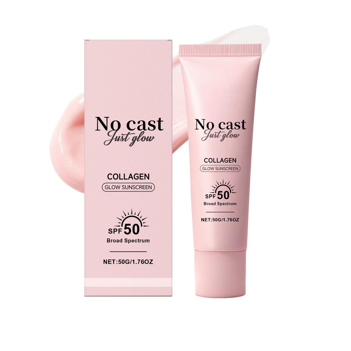 No Cast Just Glow Collagen Sunscreen, SPF 50 PA++++ Face Sunscreen with Peptide and Centella, Lightweight, Non-Sticky, Soothing Natural Sun screen Skincare
