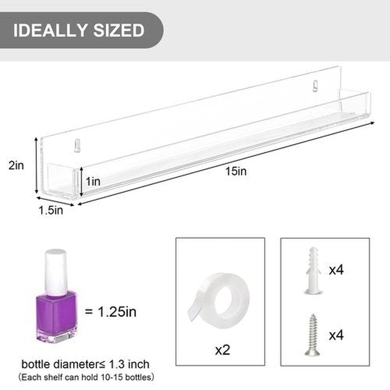 PMMASTO Adhesive Nail Polish Organizer Holder 15 Inch Clear Acrylic Wall Rack Shelf for 40-60 Bottles Nail Polish Display Rack For Nail Room Decor Organizer (4 Pack)