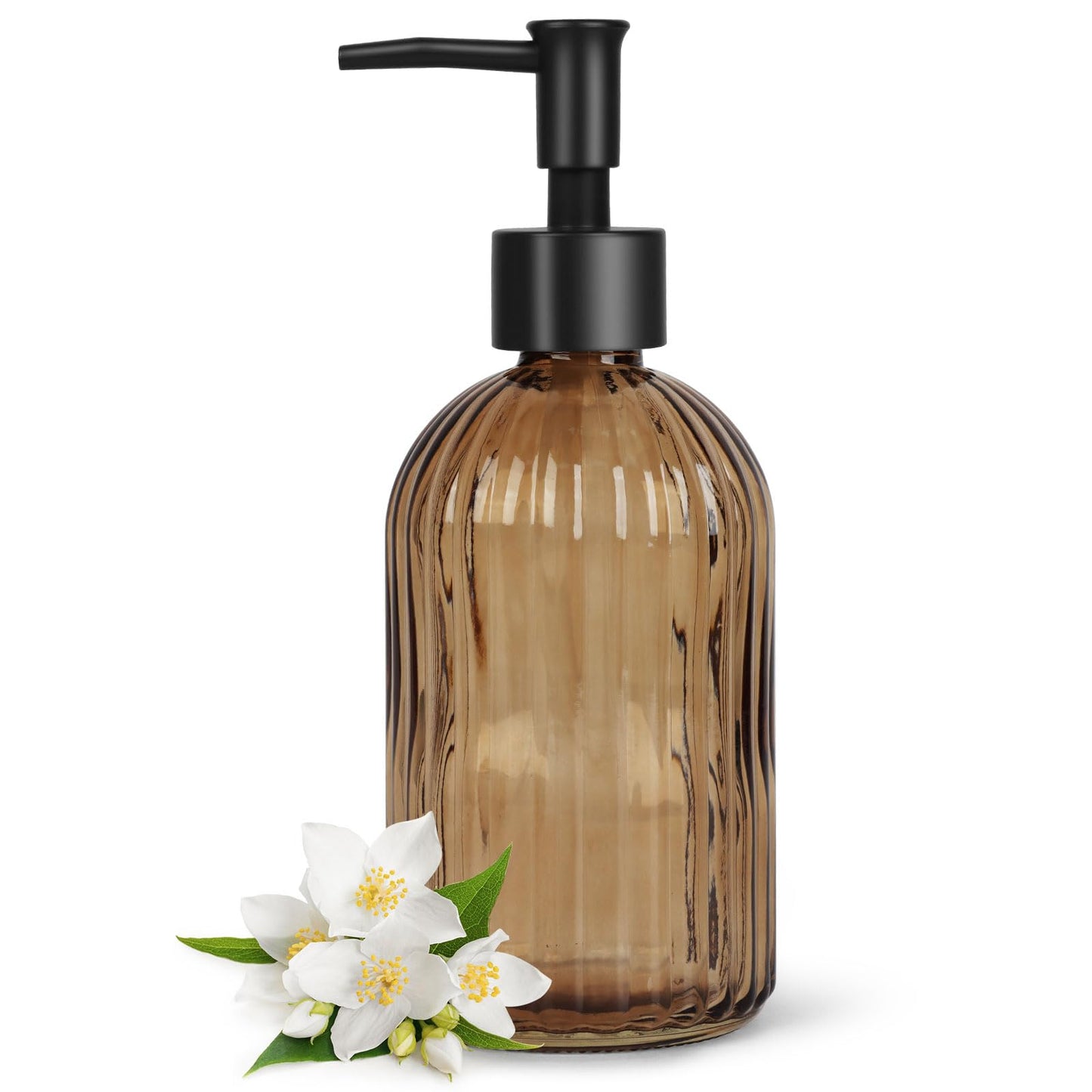 13.5oz Stripe Glass Soap Dispenser with Black Plastic Pump, 400ml Liquid Hand Soap Dispenser, Rustproof Pump for Kitchen & Bathroom, Great for Lotions, Essential Oil, Liquid Soaps-Amber