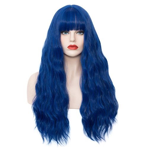 WGPFWIG Women's Navy Blue Wig 27 Inches Long Curly Wavy Hair Wig Heat Resistant Fibers Synthetic Wig For Women Girl Cosplay Party Halloween Wig Cap Included (Navy Blue)